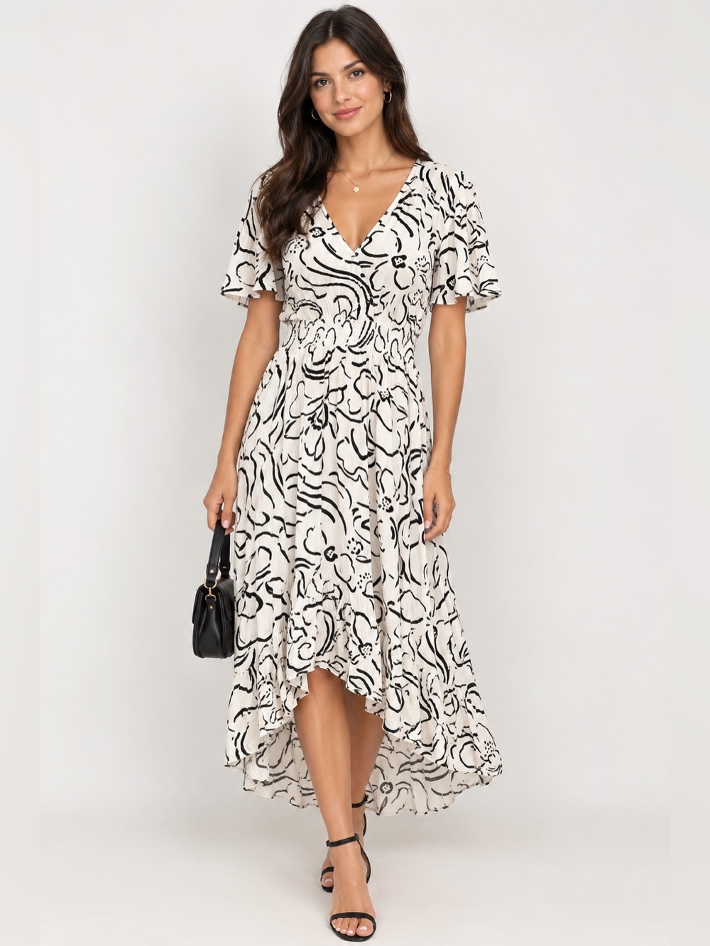Abel the label V-Neck Black & White Floral High-Low Dress size medium
